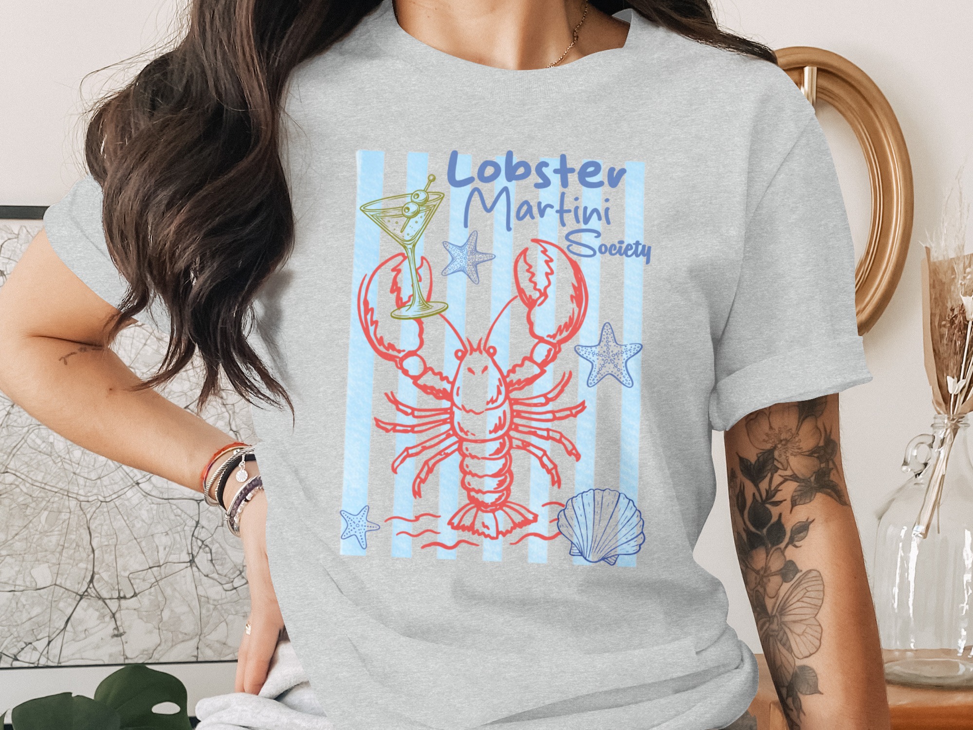 Lobster Martini Society T-Shirt, Coastal Ocean Beach Martini Lover Shirt, Preppy Nautical Summer Vacation Tee, Seafood Cocktail Party Gift