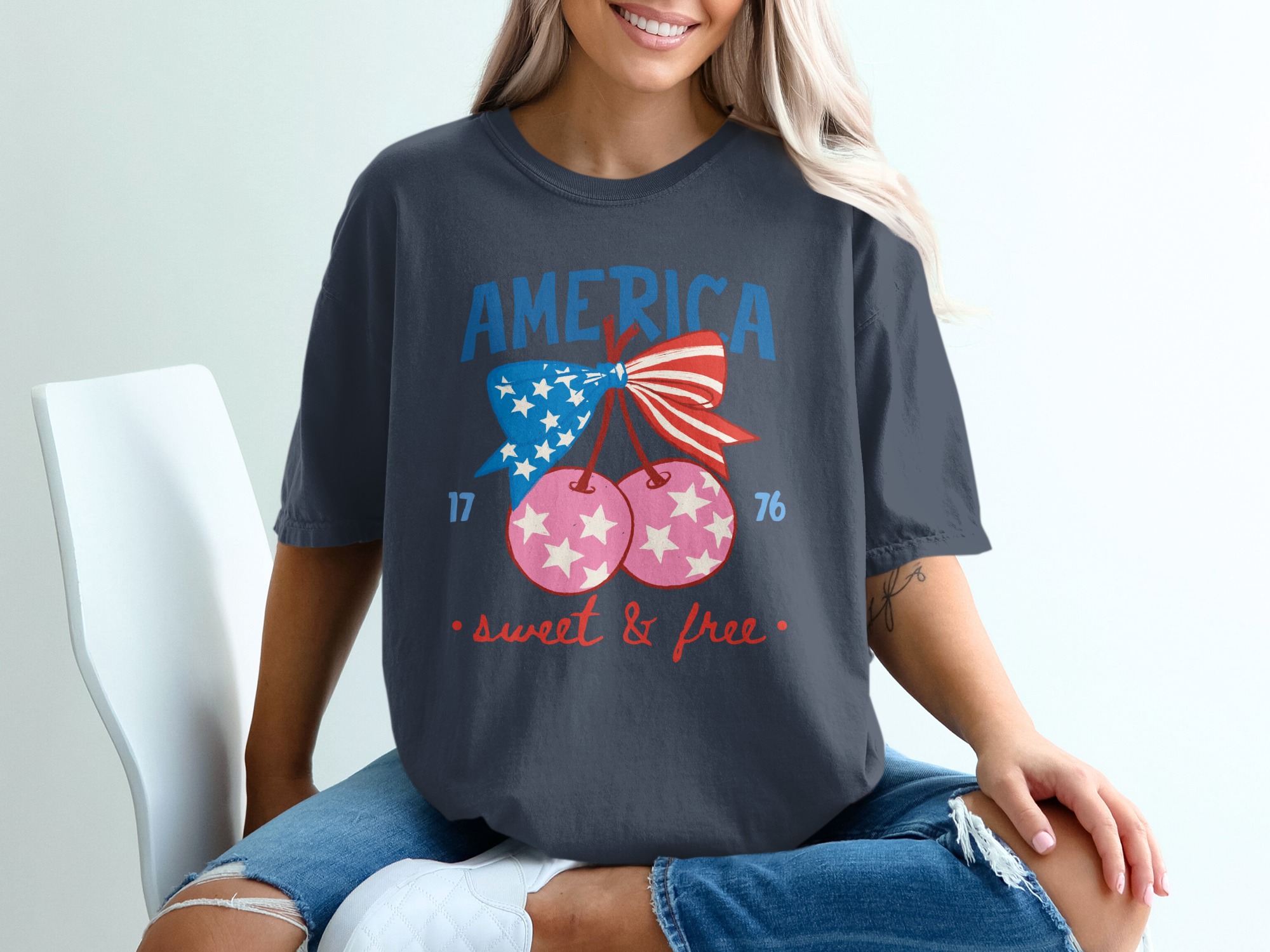 America Sweet & Free T-Shirt, Patriotic Cherry Bow Tee, Fourth of July Vintage Style Shirt, USA Flag Summer Graphic Tee Gift for Her - Image 12