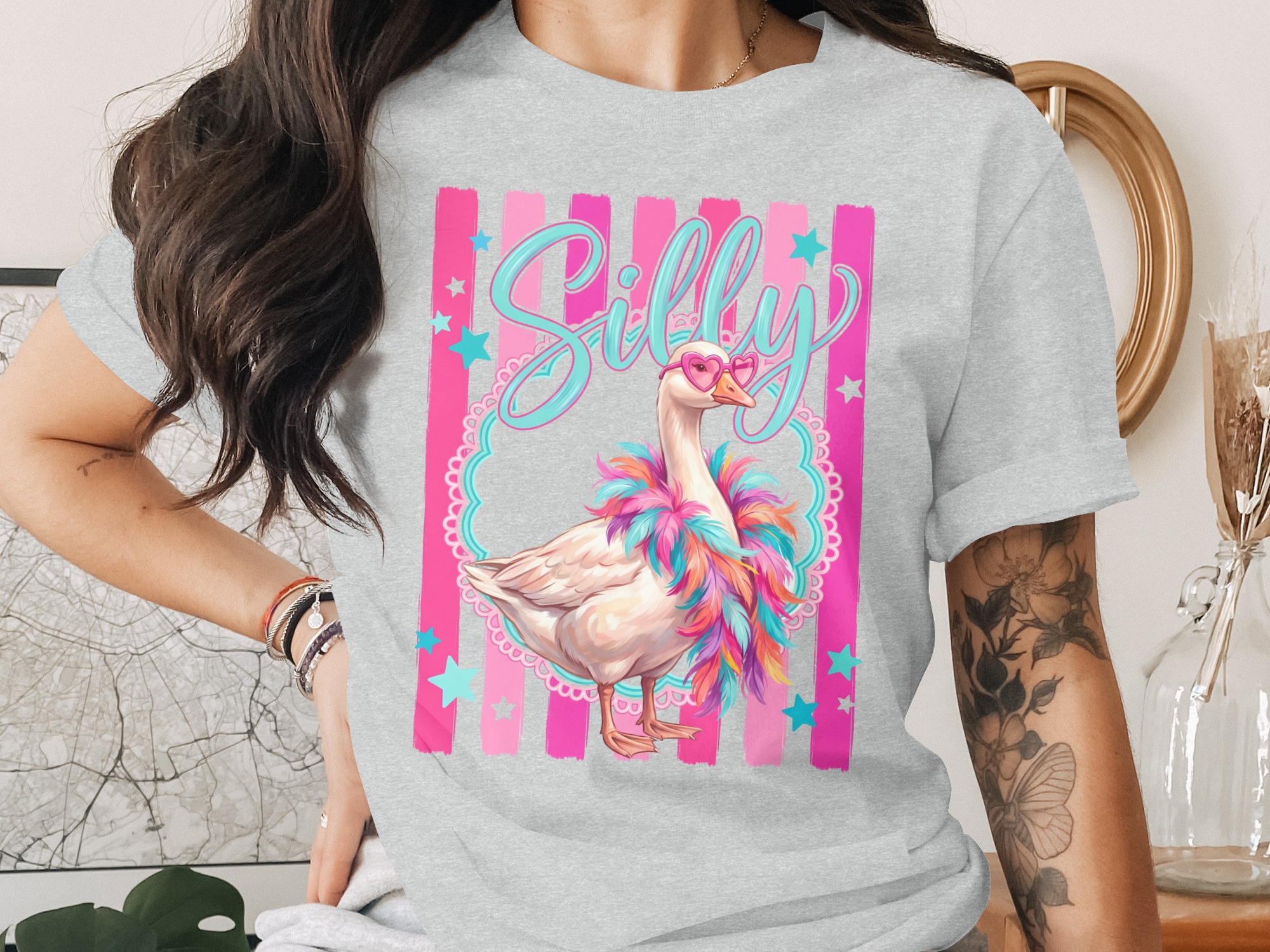 Silly Goose T-Shirt | Funny Goose Shirt with Heart Sunglasses & Faux Boa | Whimsical Animal Tee | Vibrant Aesthetic Gift - Image 2