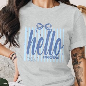 Hello Sunshine T-Shirt, Coastal Beach Vacation Tee, Distressed Nautical Stripes Summer Top for Women, Aesthetic Graphic Gift Shirt