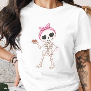 Cute Skeleton T-Shirt, Kawaii Pink Bow Skeleton Tee, Spooky Season Shirt, Halloween Gift, Heart Eyes Skeleton Top for Women