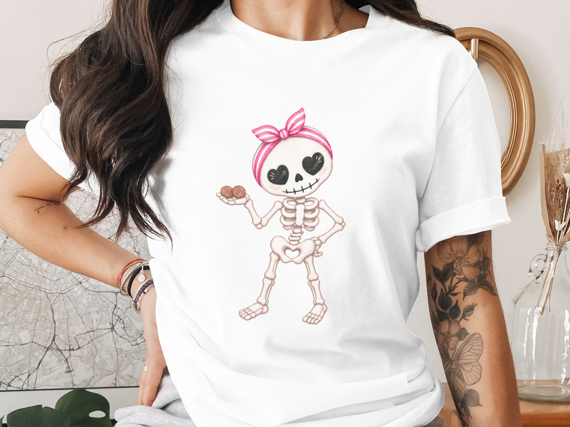 Cute Skeleton T-Shirt, Kawaii Pink Bow Skeleton Tee, Spooky Season Shirt, Halloween Gift, Heart Eyes Skeleton Top for Women