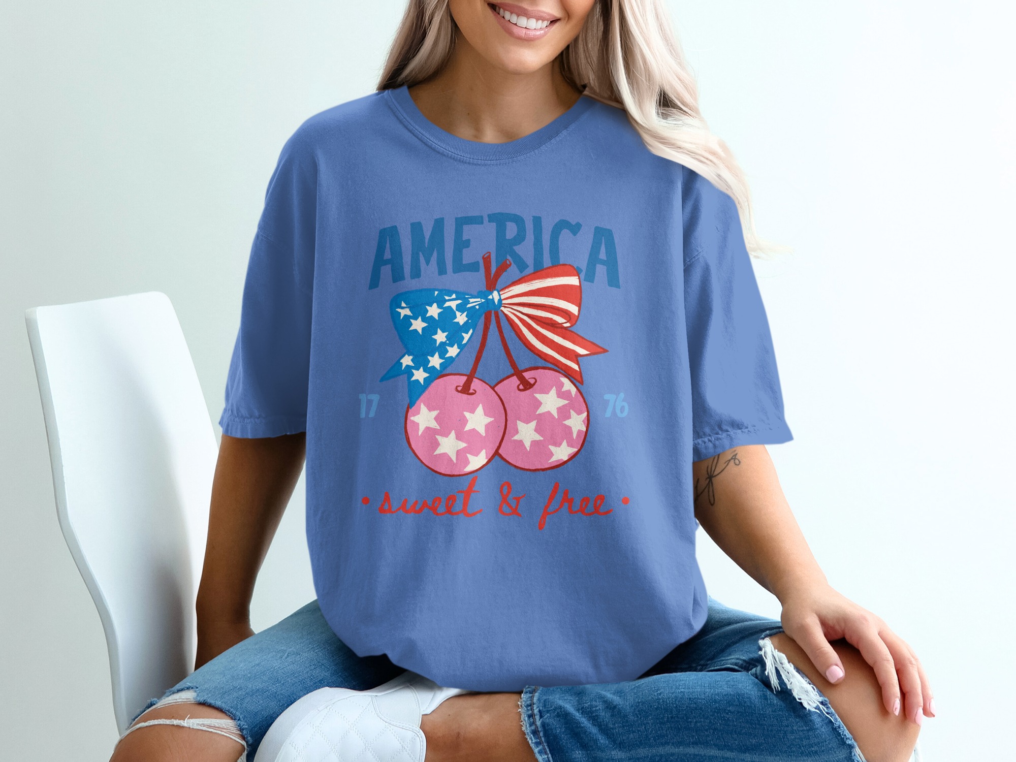 America Sweet & Free T-Shirt, Patriotic Cherry Bow Tee, Fourth of July Vintage Style Shirt, USA Flag Summer Graphic Tee Gift for Her - Image 20