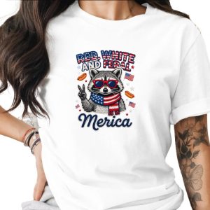 Red White and Feral Merica Raccoon T-Shirt, Funny Patriotic 4th of July Tee, American Flag Animal Shirt, Summer Party Gift