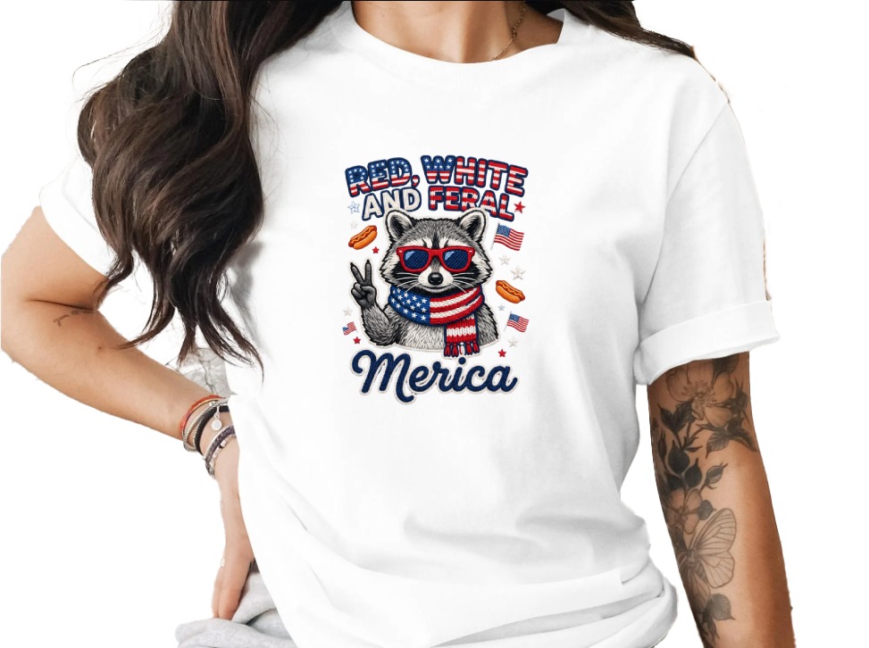 Red White and Feral Merica Raccoon T-Shirt, Funny Patriotic 4th of July Tee, American Flag Animal Shirt, Summer Party Gift