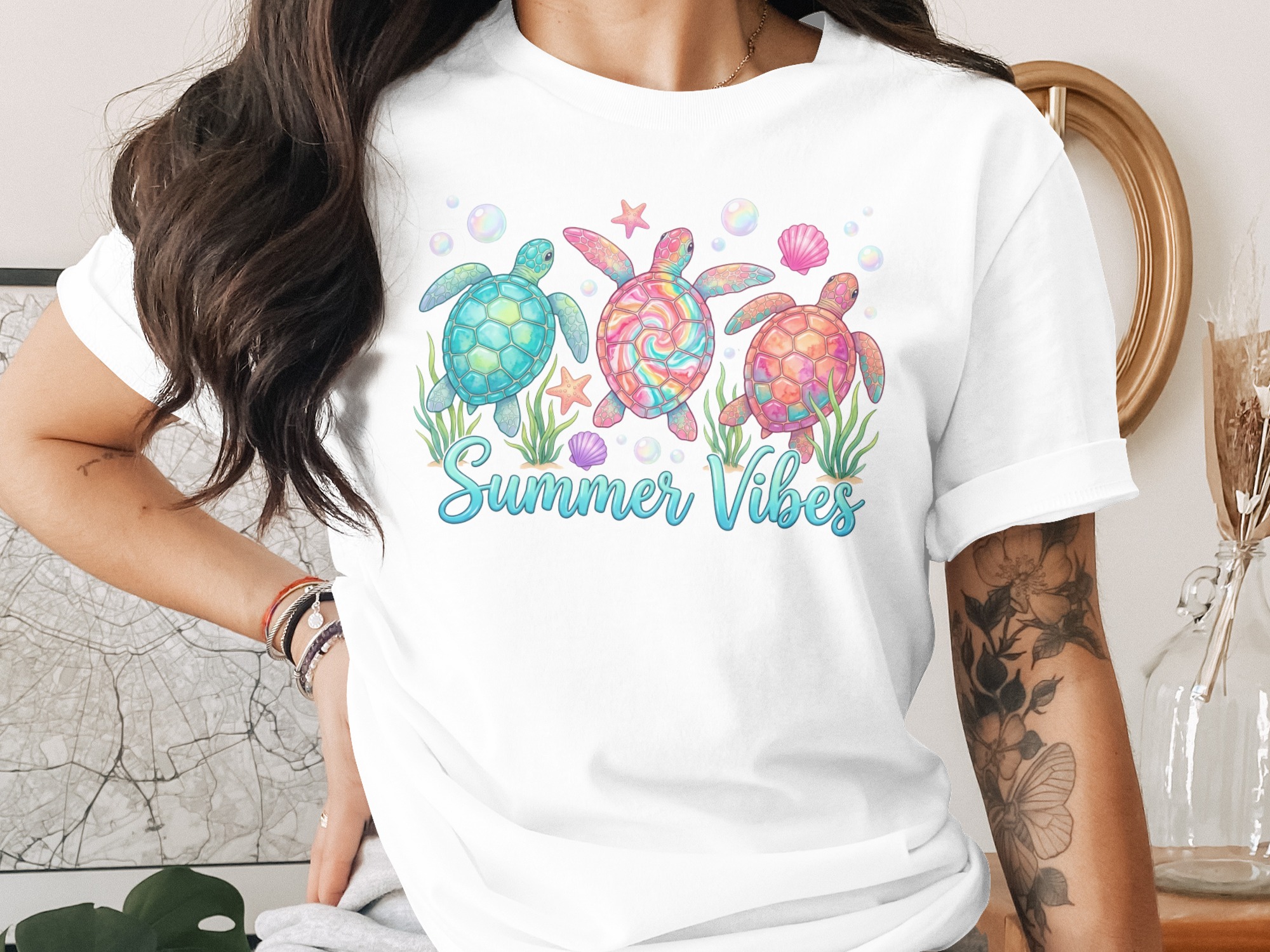Summer Vibes T-Shirt, Comfort Colors® Sea Turtle Ocean Tee, Coastal Beach Vacation Shirt, Aesthetic Marine Life Gift for Her