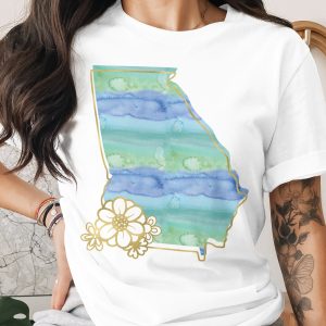 Georgia Watercolor Floral T-Shirt, State Pride Tee with Faux Gold Outline, Boho Southern Gift for Her, Georgia Fan Shirt