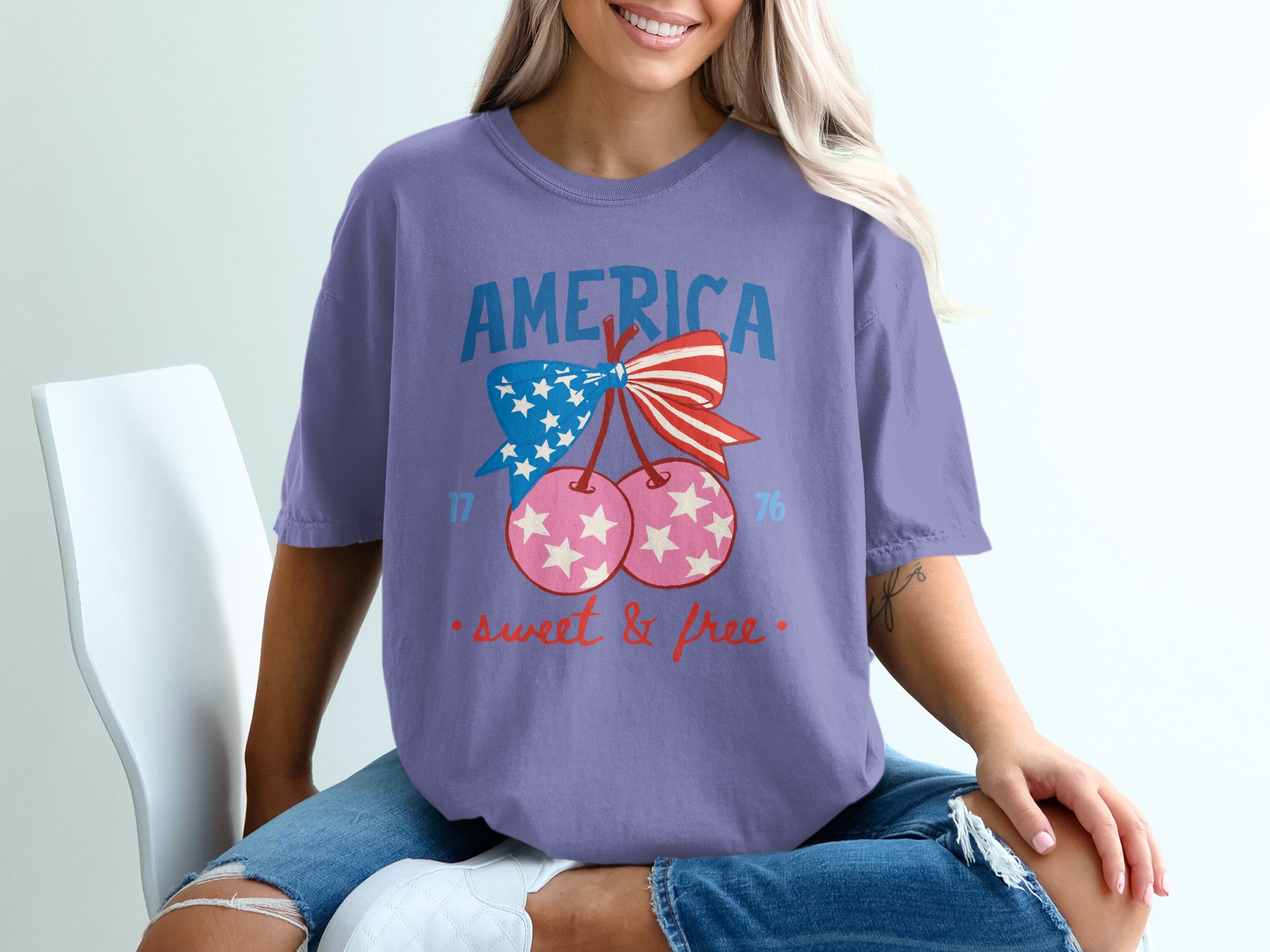 America Sweet & Free T-Shirt, Patriotic Cherry Bow Tee, Fourth of July Vintage Style Shirt, USA Flag Summer Graphic Tee Gift for Her - Image 13