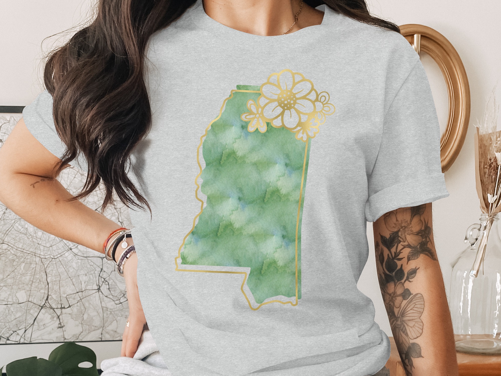Mississippi State Flower T-Shirt, Faux Gold Print Mississippi Tee, Watercolor Mississippi Shirt, Southern Charm Apparel Gift - Image 2