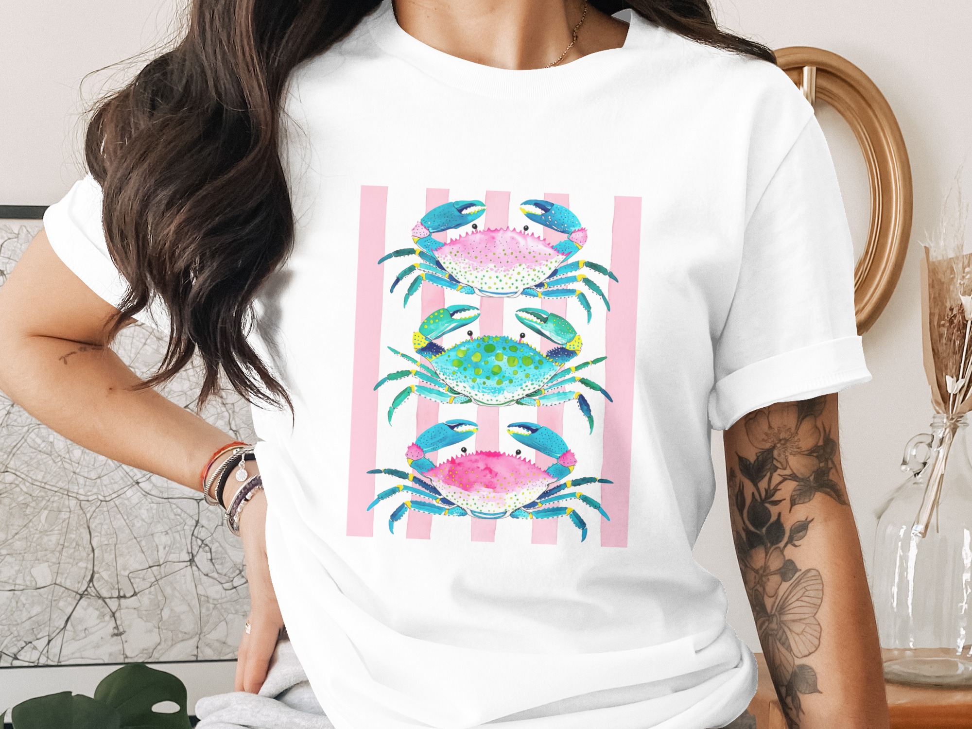 Preppy Crab T-Shirt, Comfort Colors ® Watercolor Nautical Beachy Tee, Bright Coastal Ocean Life Top, Whimsical Summer Gift for Her