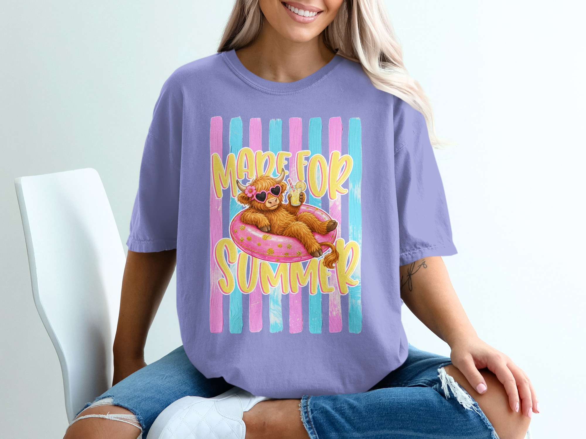 Comfort Colors ® Made For Summer Highland Cow T-Shirt, Vacation Mode Cute Cow Shirt, Beachy Pink Glitter Highland Cattle Tee, Funny Animal - Image 18
