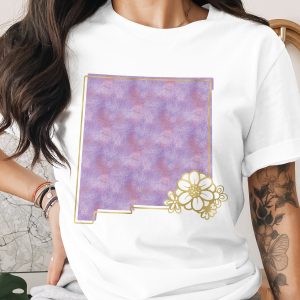 New Mexico Watercolor T-Shirt, Faux Gold Floral NM State Outline Tee, Southwestern Boho Purple State Pride Top, Travel Souvenir Gift