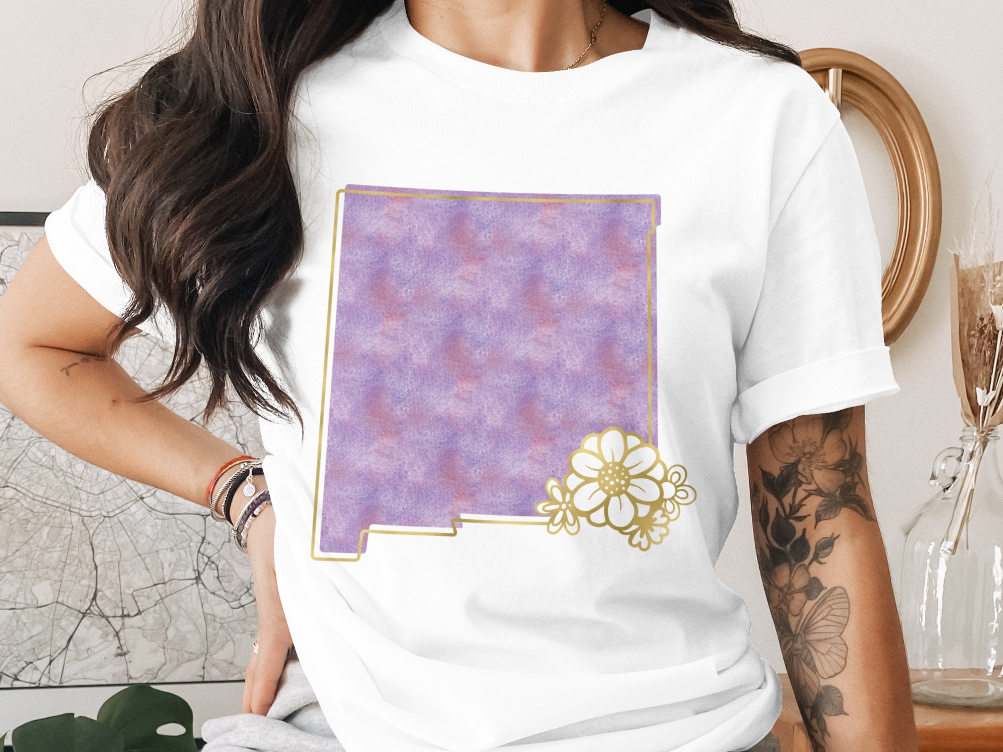 New Mexico Watercolor T-Shirt, Faux Gold Floral NM State Outline Tee, Southwestern Boho Purple State Pride Top, Travel Souvenir Gift