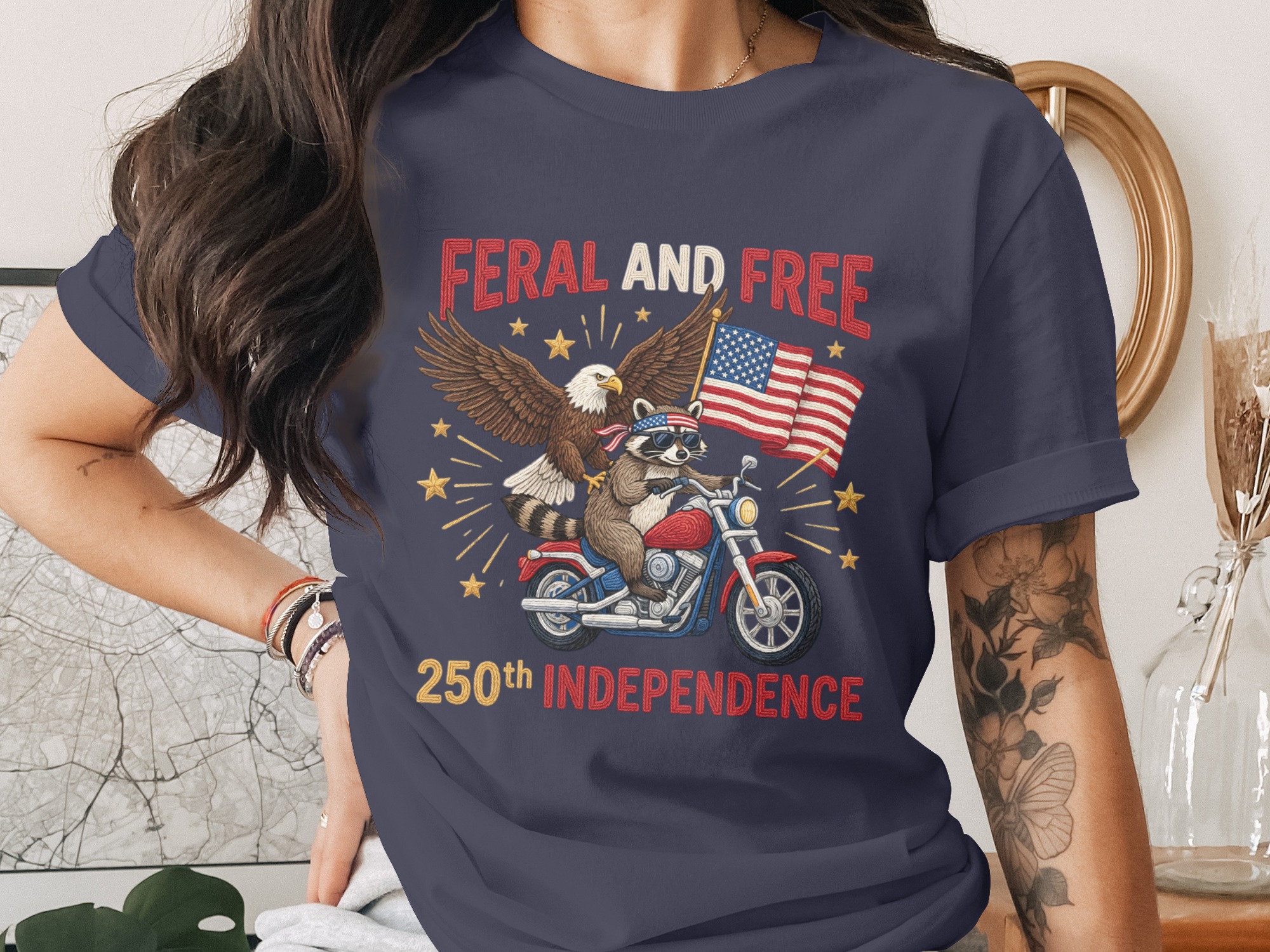 Feral and Free 250th Independence Day T-Shirt, Patriotic Raccoon Eagle Motorcycle Tee, American Flag Biker Freedom Shirt, July 4th Gift - Image 3