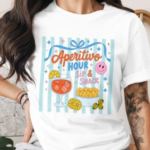 Aperitivo Hour Sip & Snack T-Shirt, Retro Cocktail Graphic Tee, Happy Hour Party Shirt, Fun Foodie Gift for Her, Summer Drink Lover Apparel