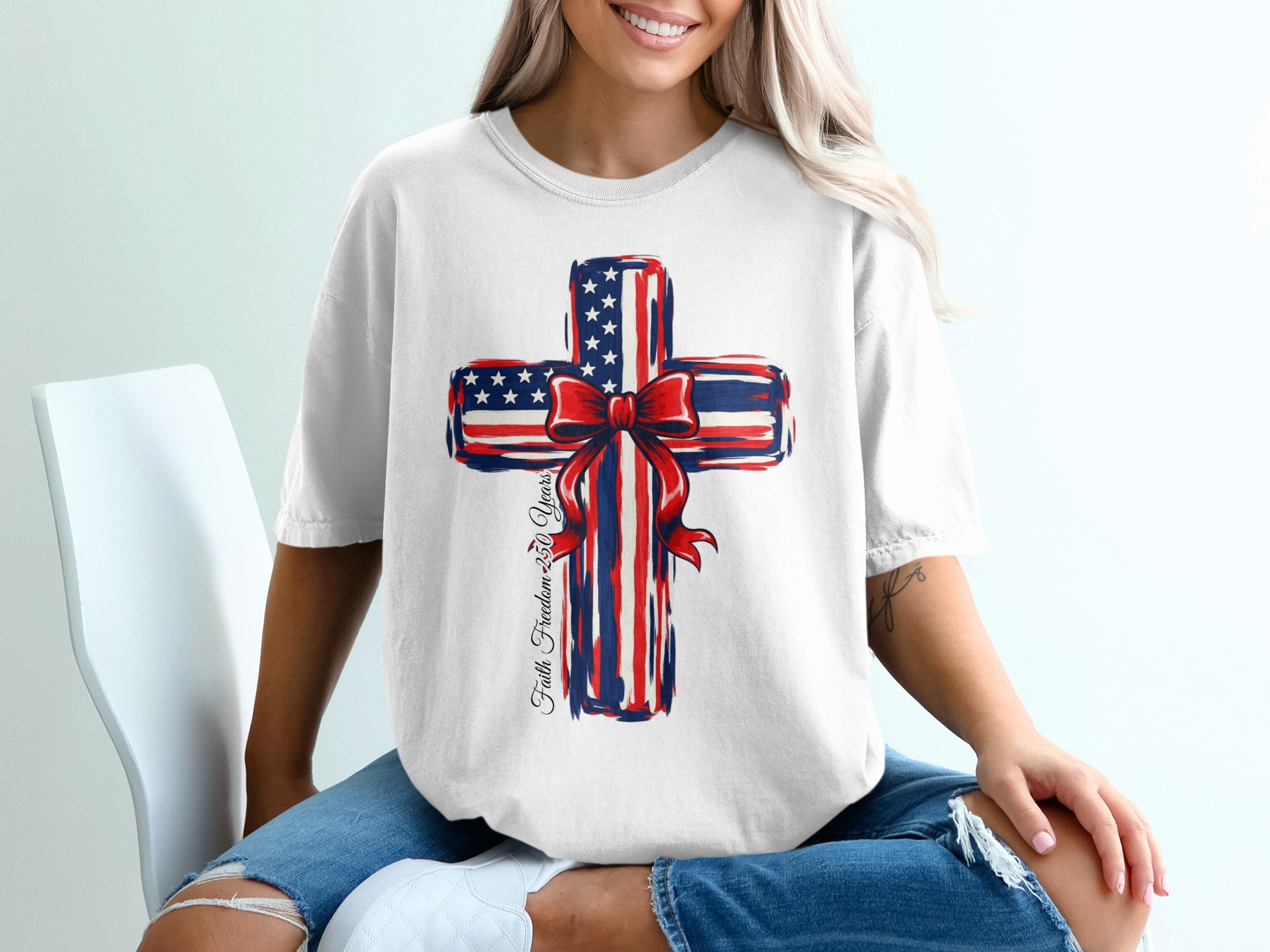 Faith Freedom 250 Years Patriotic Cross T-Shirt | American Flag Christian Tee | Independence Day USA Gift - Image 6