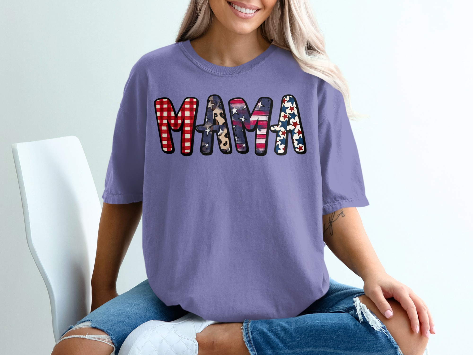 Patriotic Mama T-Shirt, American Flag Gingham Leopard Print Mom Life Tee, Distressed USA Stars Fourth of July Gift - Image 13