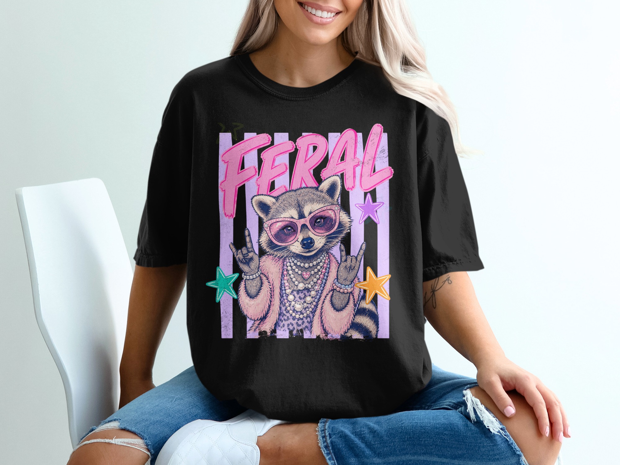 Feral Raccoon T-Shirt, Comfort Colors ® Rock and Roll Raccoon Tee, Retro Glam Animal Graphic Shirt, Unique Punk Raccoon Lover Gift - Image 2