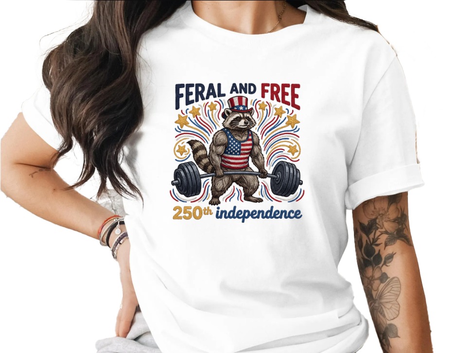 Feral and Free Raccoon T-Shirt, Patriotic Gym Raccoon Tee, 250th Independence Day Shirt, American Flag Weightlifting Shirt