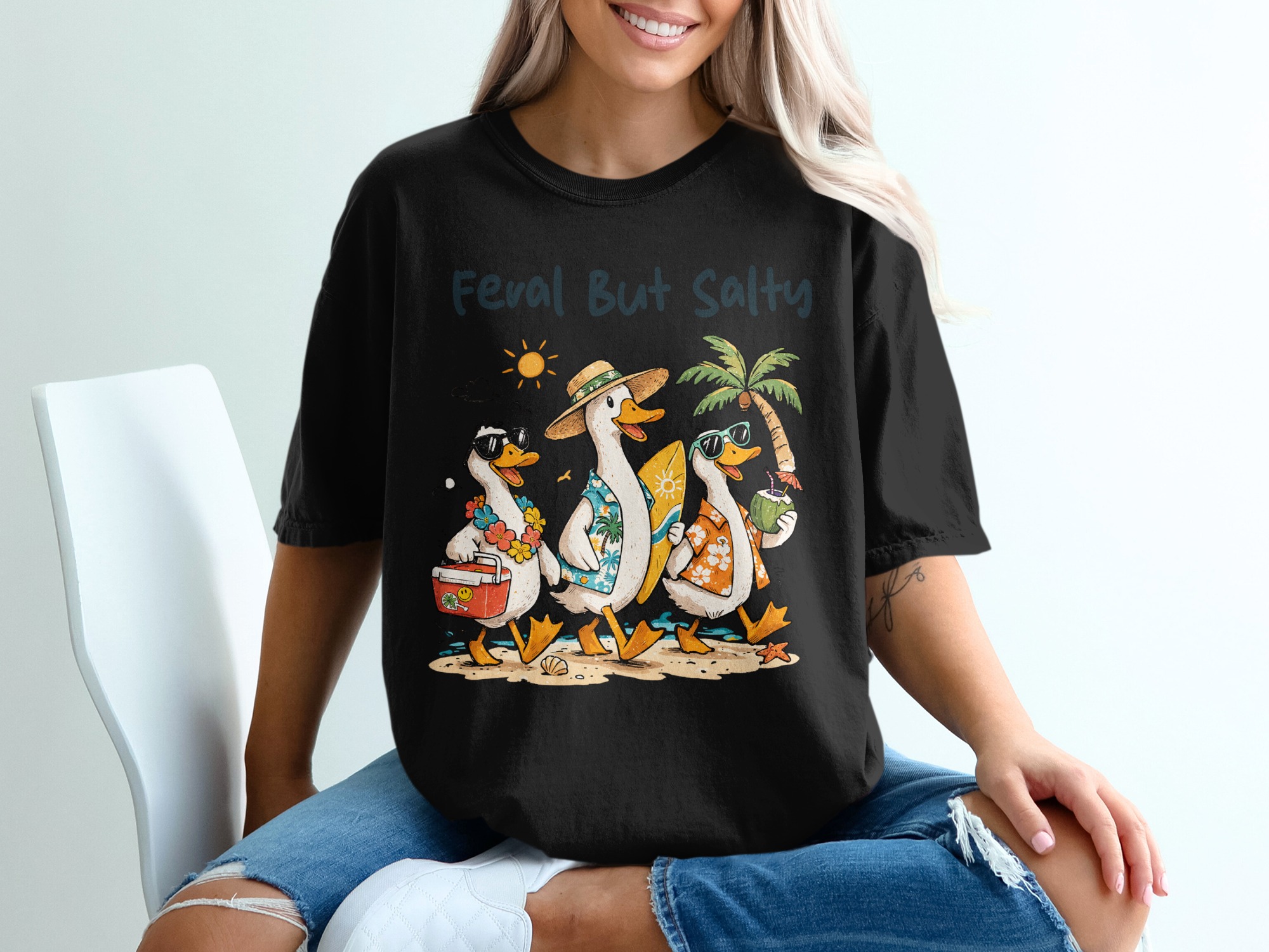 Feral But Salty Ducks Beach Vacation T-Shirt, Funny Summer Tropical Tee, Humorous Hawaiian Surf Coastal Party Shirt, Beach Bum Gift Idea - Image 5