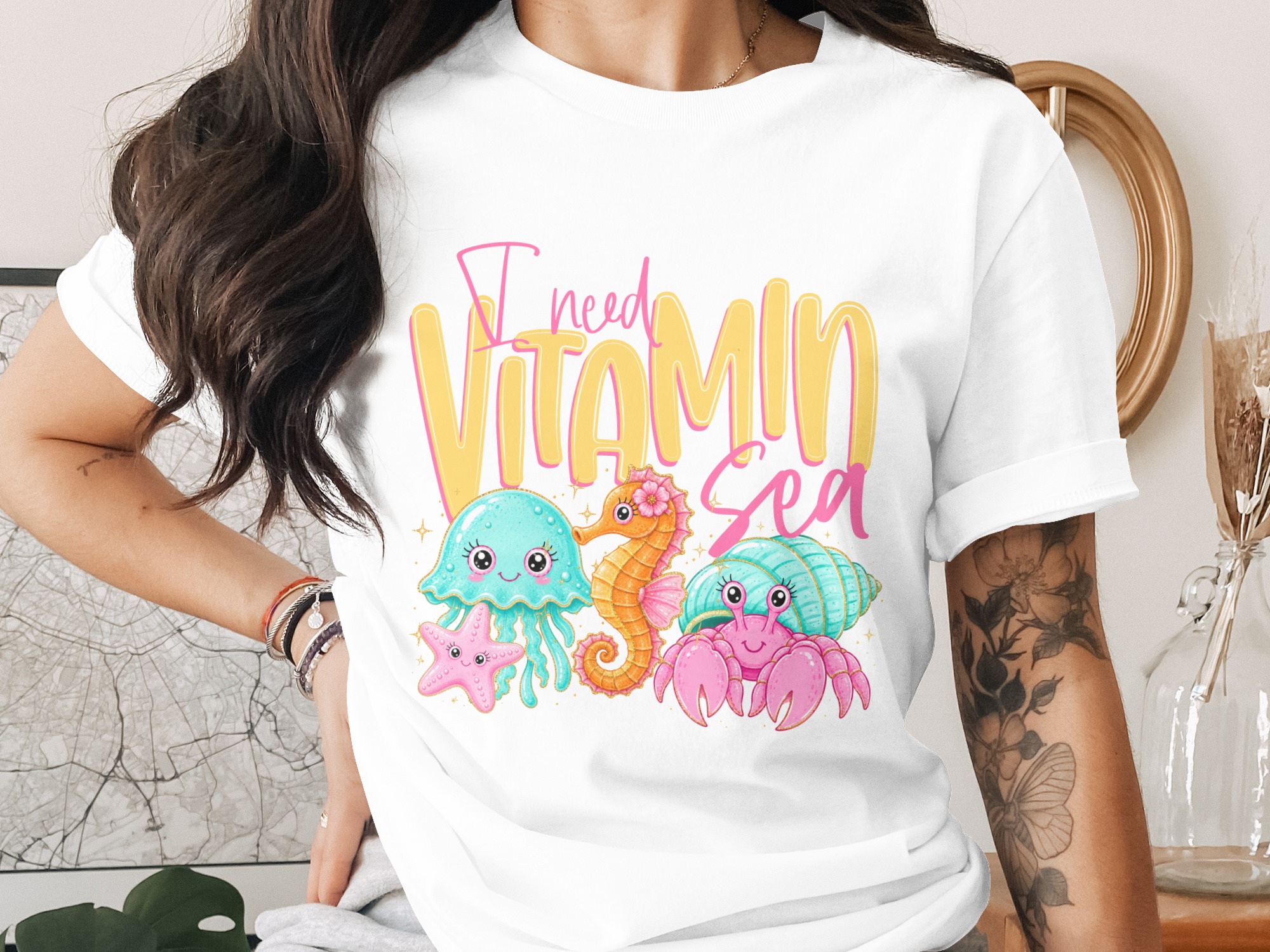 Vitamin Sea T-Shirt, Cute Ocean Lover Tee, Kawaii Beach Vacation Shirt, Faux Glitter Sea Creature Top, Summer Vibes Gift for Her