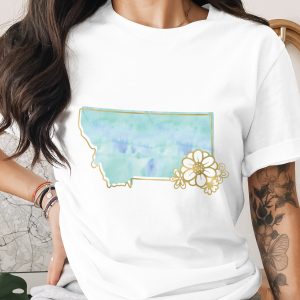 Montana T-Shirt | Watercolor Floral Montana State Outline Tee | Faux Gold Print Flowers | Big Sky Country Gift