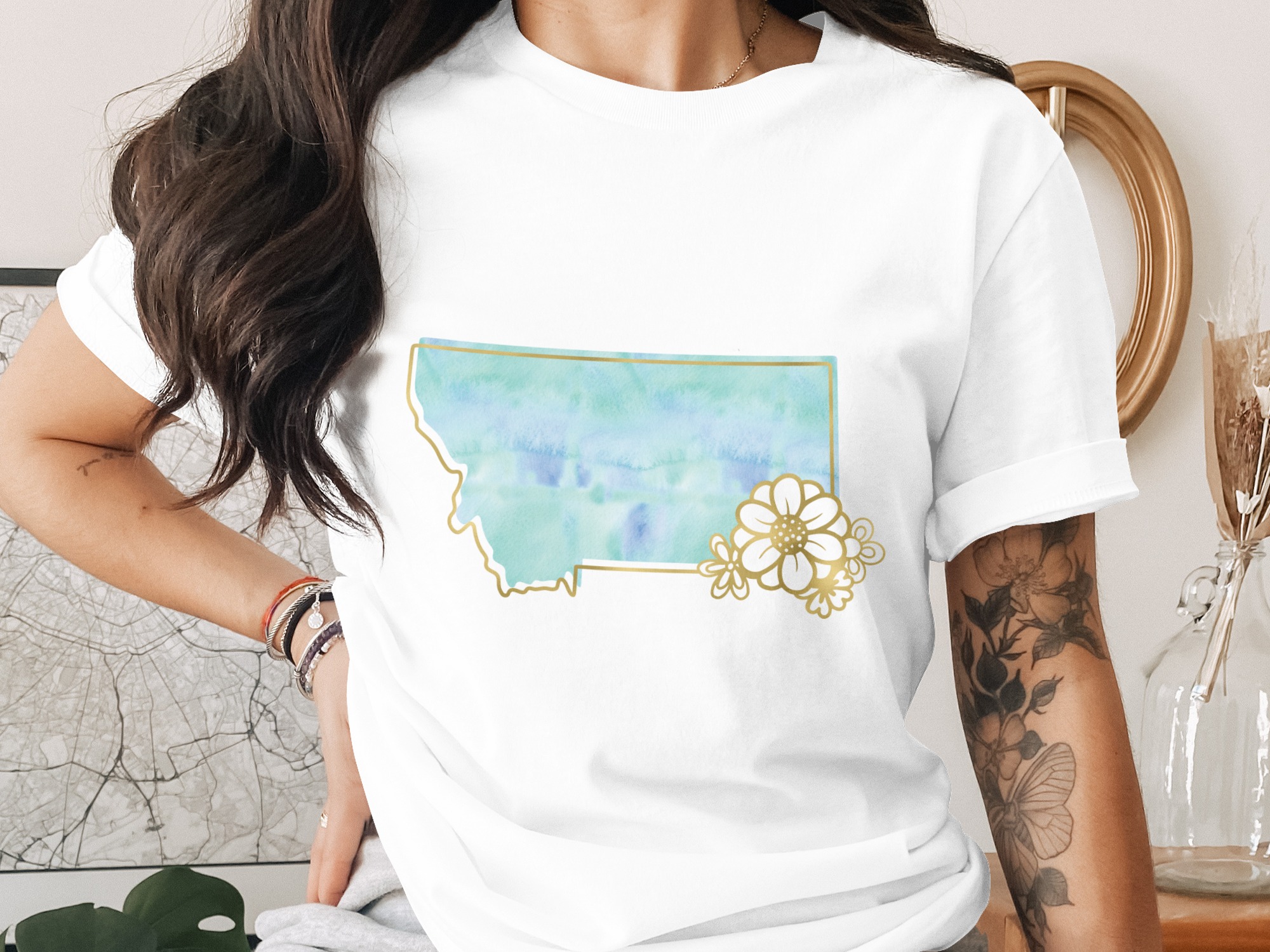 Montana T-Shirt | Watercolor Floral Montana State Outline Tee | Faux Gold Print Flowers | Big Sky Country Gift