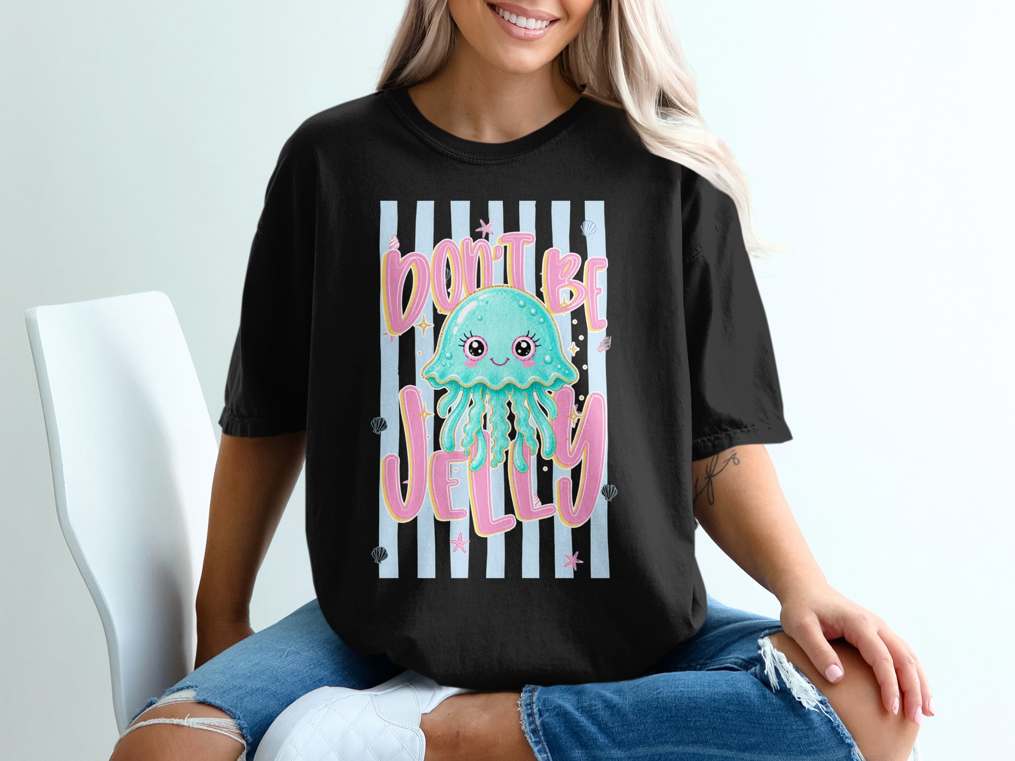 Comfort Colors® Don't Be Jelly T-Shirt, Cute Jellyfish Pun Shirt, Kawaii Ocean Marine Life Tee, Summer Beach Lover Gift, Pastel Stripe - Image 6
