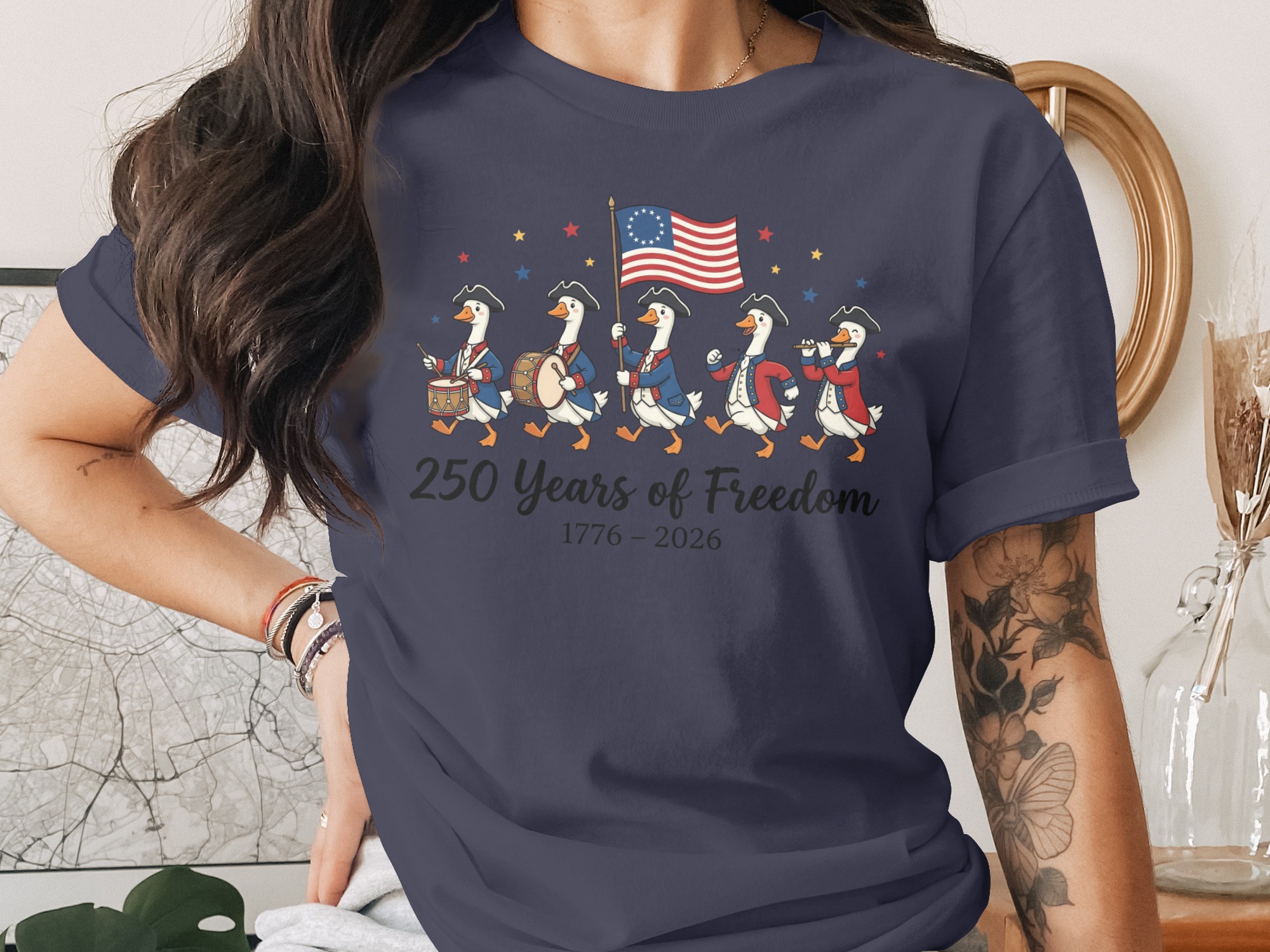 250 Years of Freedom T-Shirt, Patriotic Geese Marching Tee, American Independence Day 1776-2026 History Shirt, Betsy Ross Flag Top - Image 2