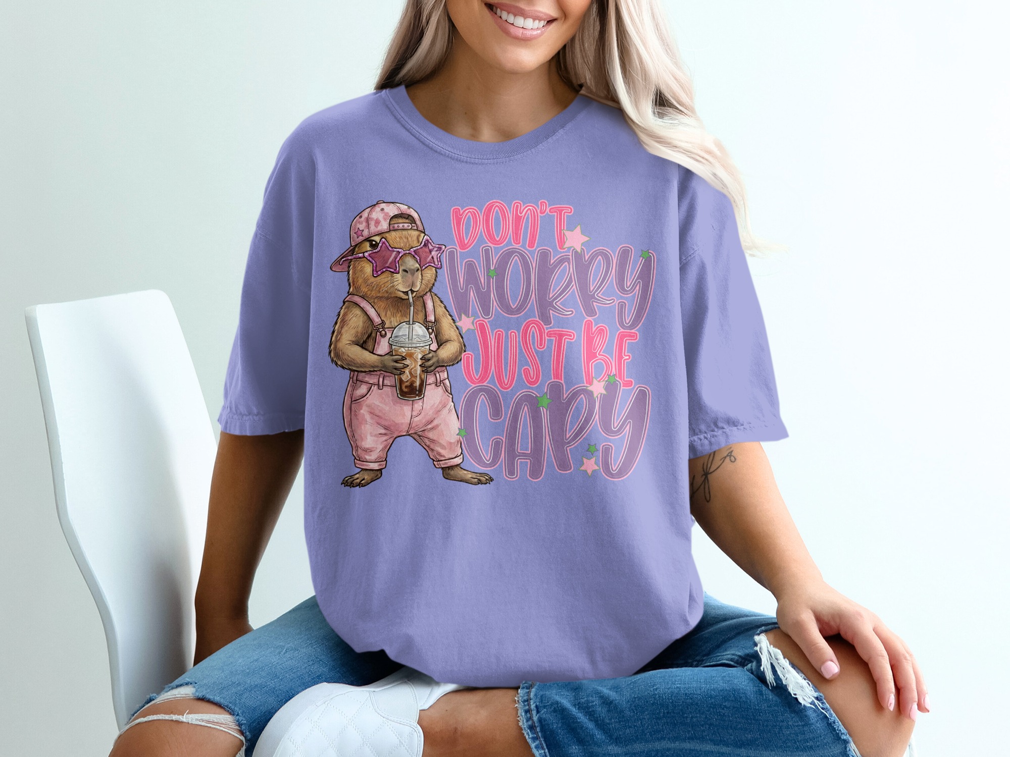 Don't Worry Just Be Capy T-Shirt, Cute Capybara Shirt, Chill Animal Tee, Iced Coffee Lover Gift, Trendy Positive Vibe Apparel - Image 18