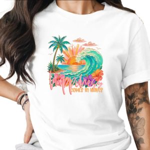 Happiness Comes in Waves T-Shirt, Tropical Beach Vacation Tee, Faux Glitter Print Ocean Wave Design, Palm Tree Sunset, Coastal Boho Summer
