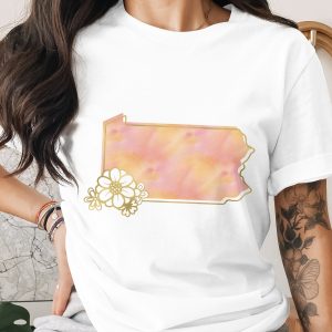 Pennsylvania T-Shirt, Watercolor Floral PA State Home Tee, Faux Gold Outline Boho Style Gift for Her