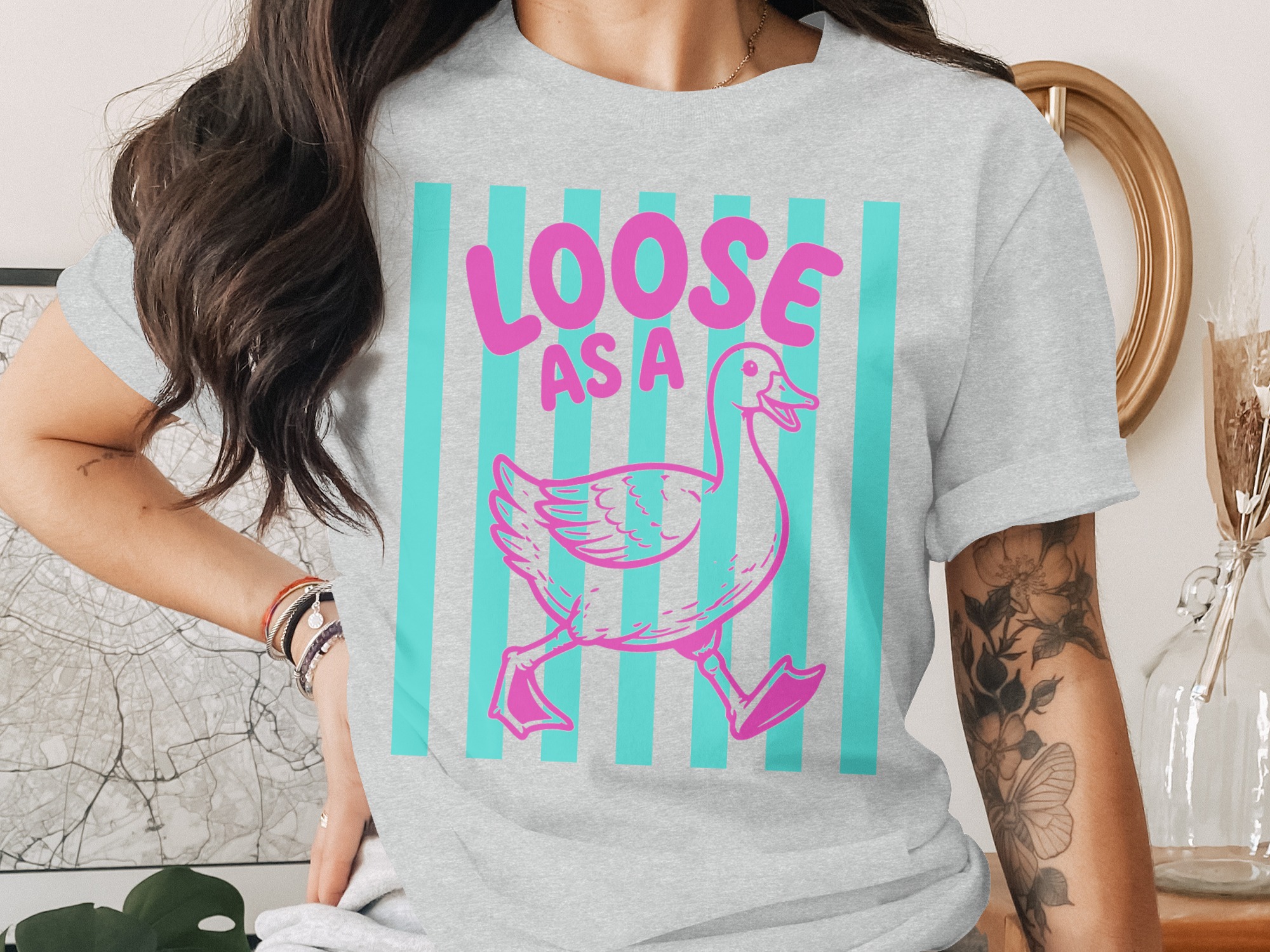 Loose as a Goose T-Shirt, Funny Duck Graphic Tee, Quirky Animal Lover Gift, Retro Pink Teal Striped Design, Humorous Saying Shirt - Image 2