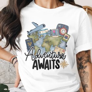 Adventure Awaits T-Shirt, Wanderlust Travel Tee, World Map Explorer Shirt, Passport Airplane Camera Gift for Travelers, Vacation Outfit Top