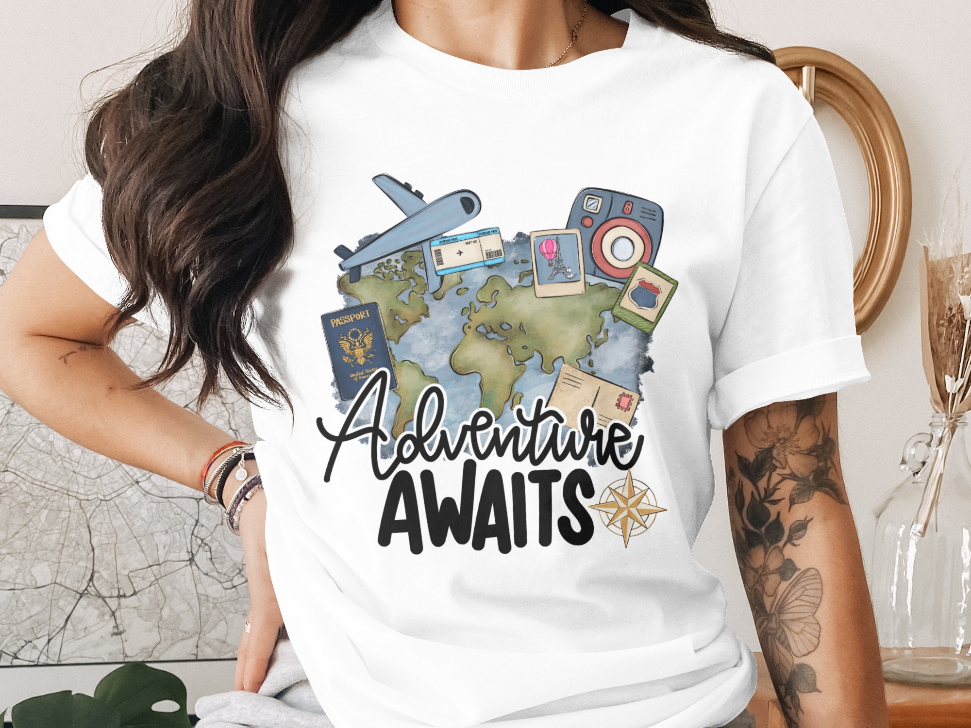 Adventure Awaits T-Shirt, Wanderlust Travel Tee, World Map Explorer Shirt, Passport Airplane Camera Gift for Travelers, Vacation Outfit Top