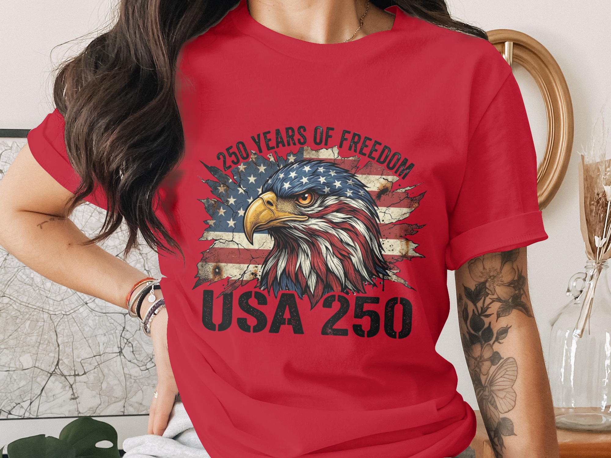 Patriotic American Eagle T-Shirt, USA 250 Years of Freedom Flag Tee, Distressed Heritage Commemorative Independence Day Shirt - Image 4