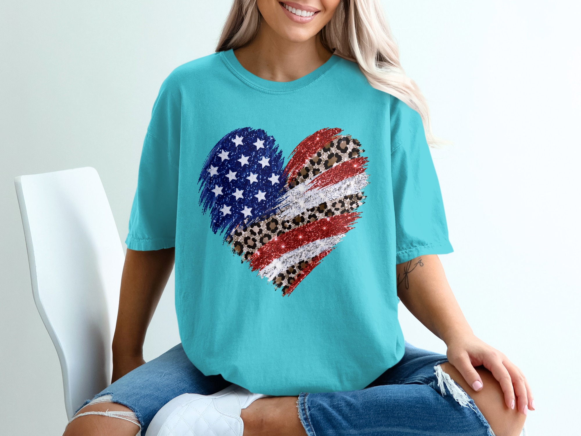 Comfort Colors® Patriotic Leopard Heart T-Shirt, American Flag Glitter Tee, 4th of July Shirt, Memorial Day, USA Pride, Trendy Gift for Her - Image 9