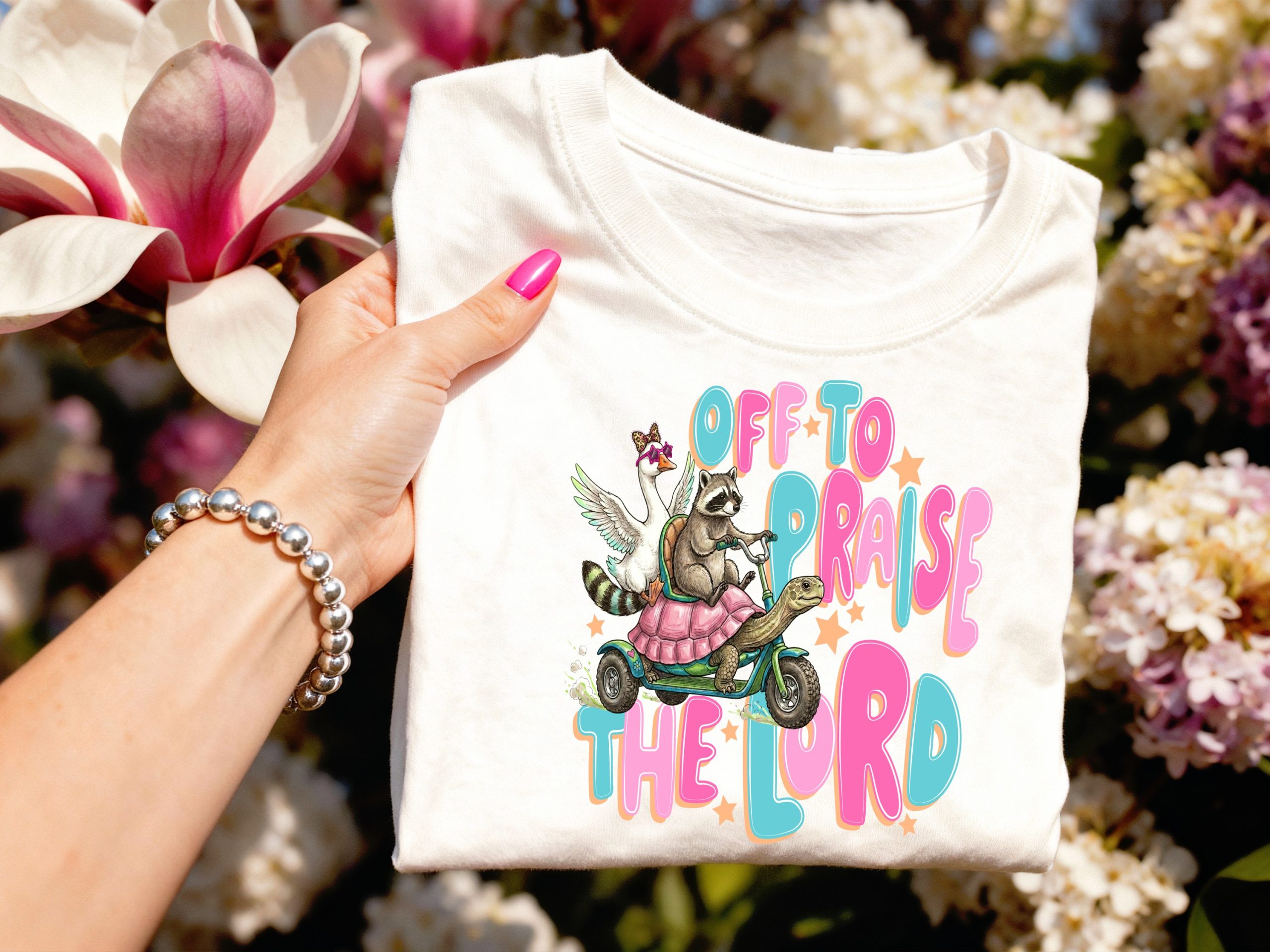 Off To Praise The Lord T-Shirt, Christian Animal Graphic Tee, Whimsical Faith Apparel, Cute Raccoon Turtle Goose Shirt Gift - Image 3