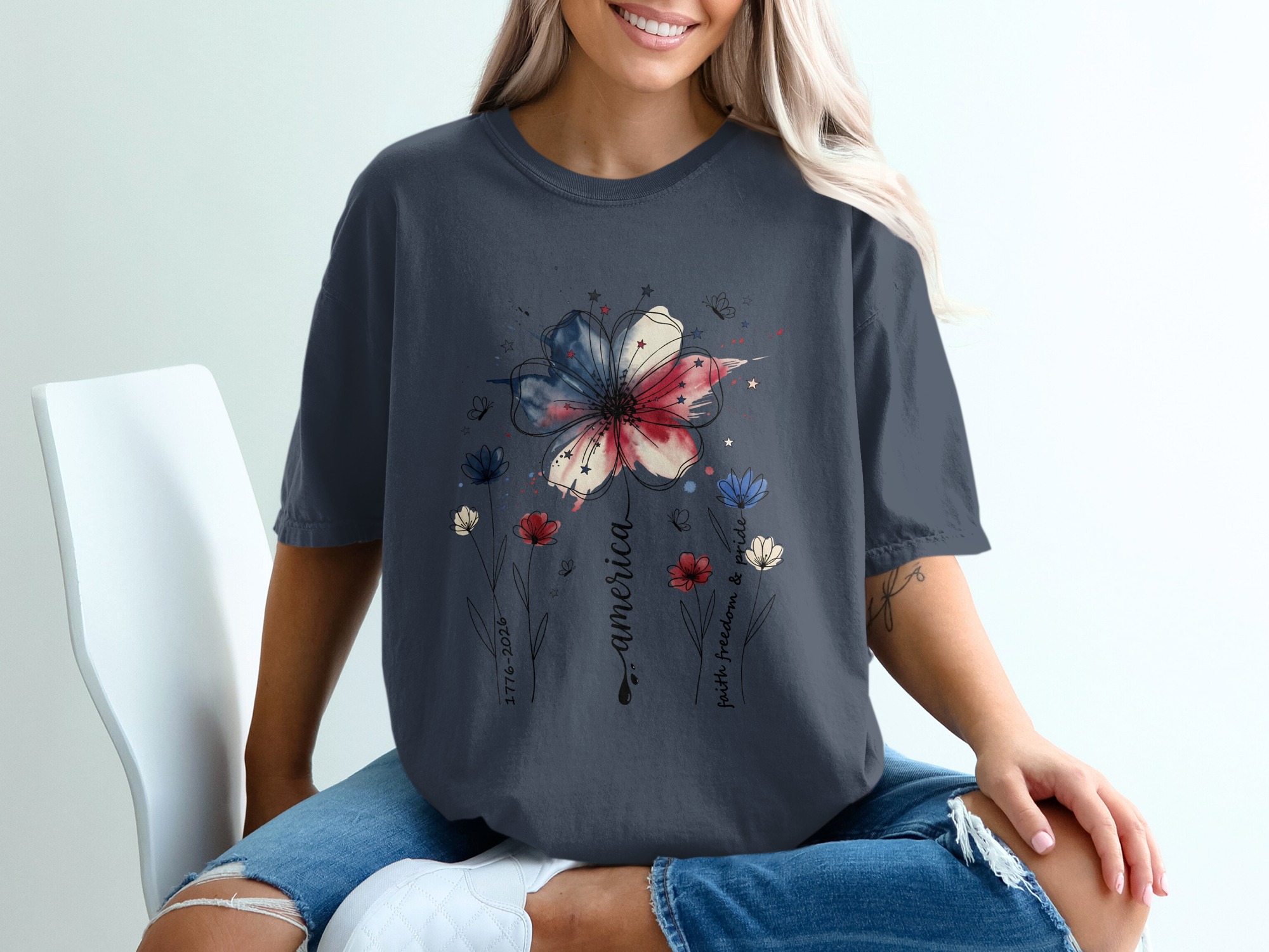 Patriotic Floral America Watercolor T-Shirt | Faith Freedom Pride Shirt | 4th of July Independence Day Tee | American Flag Flower - Image 12