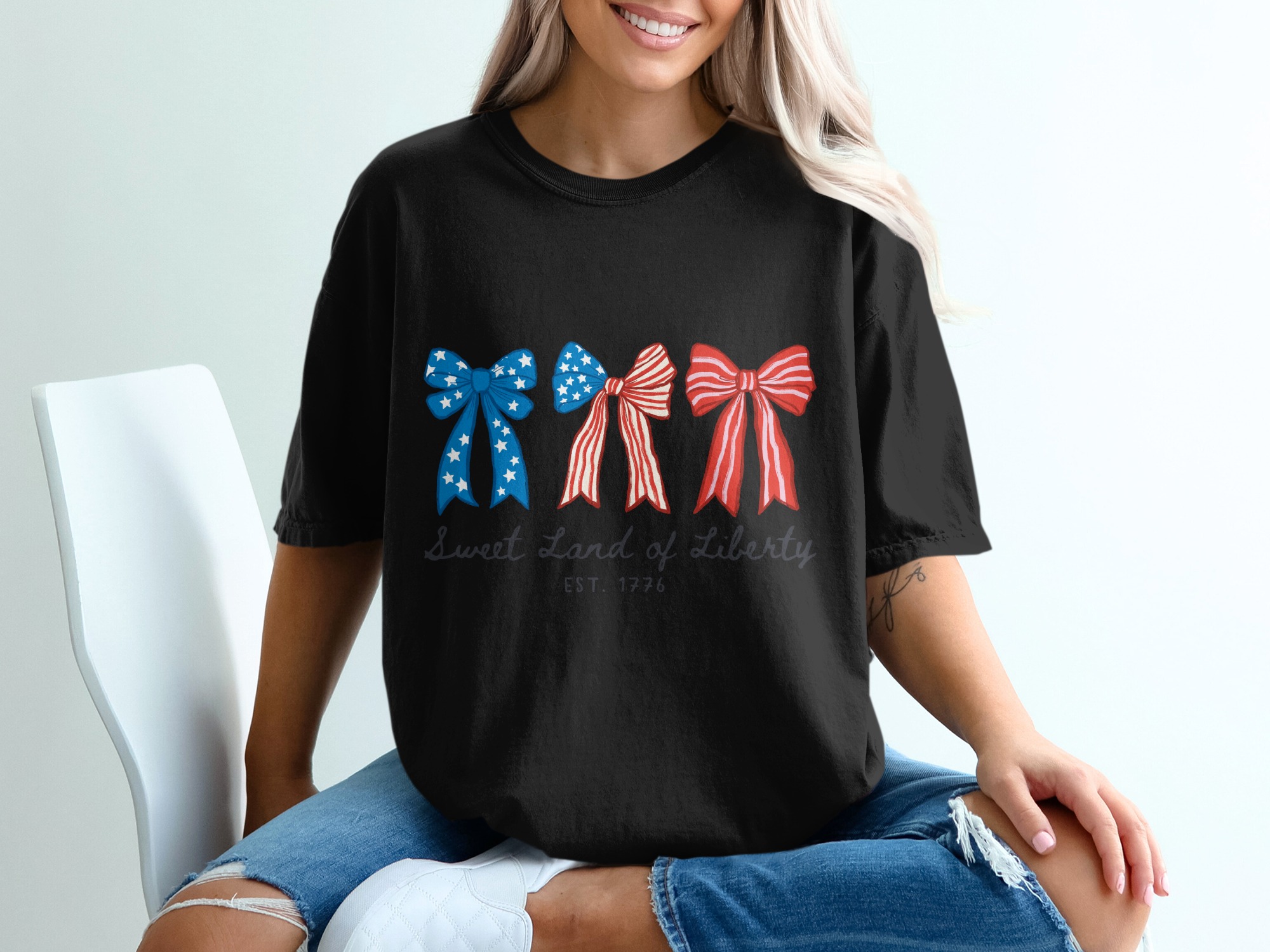 Patriotic Bows T-Shirt, Sweet Land of Liberty Shirt, 4th of July Tee, Distressed Americana Shirt, Vintage Style USA Top, Independence Day - Image 8