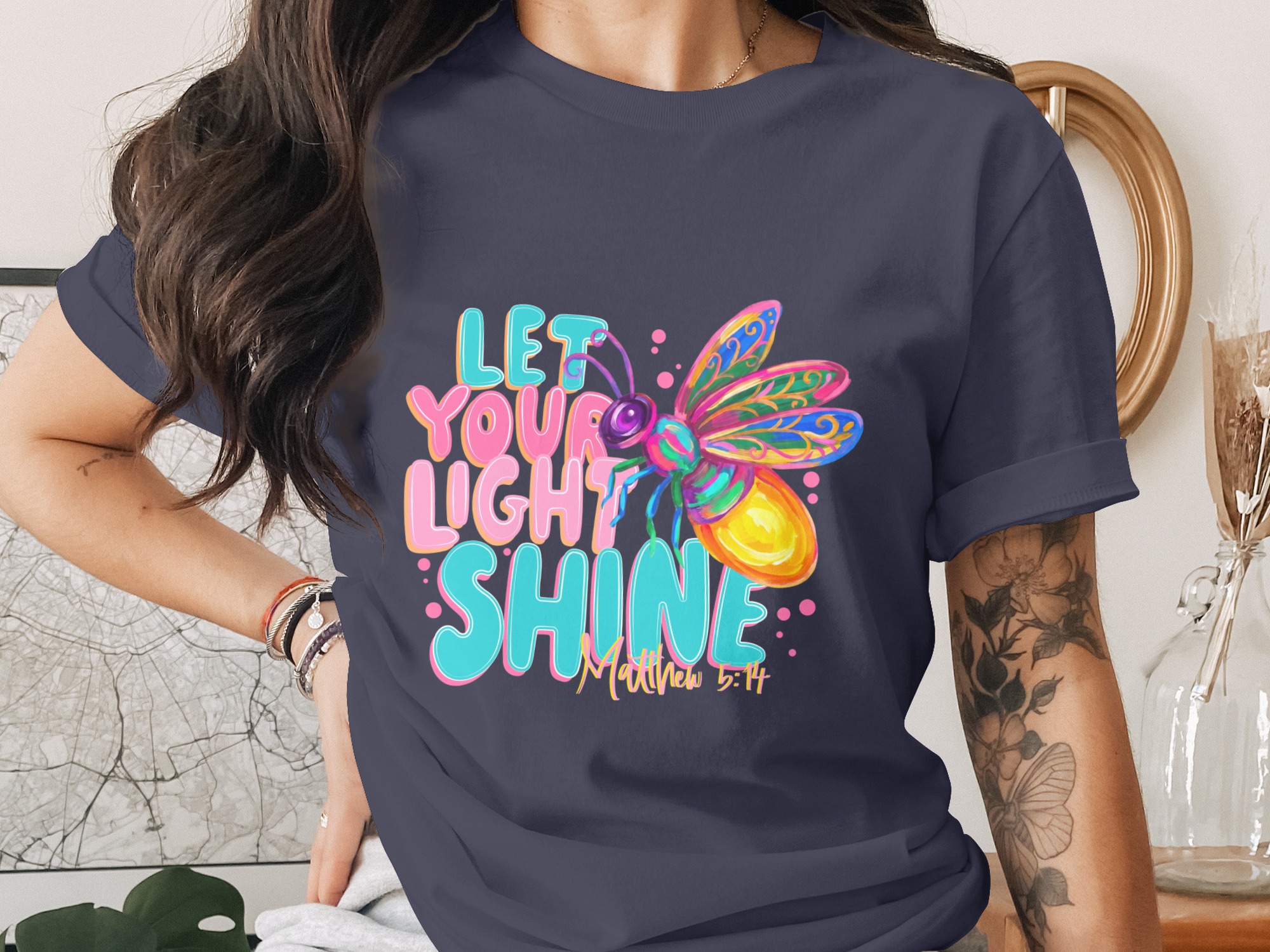 Let Your Light Shine T-Shirt, Matthew 5:14 Firefly Christian Tee, Inspirational Faith Religious Scripture Gift, Colorful Women's Top - Image 3
