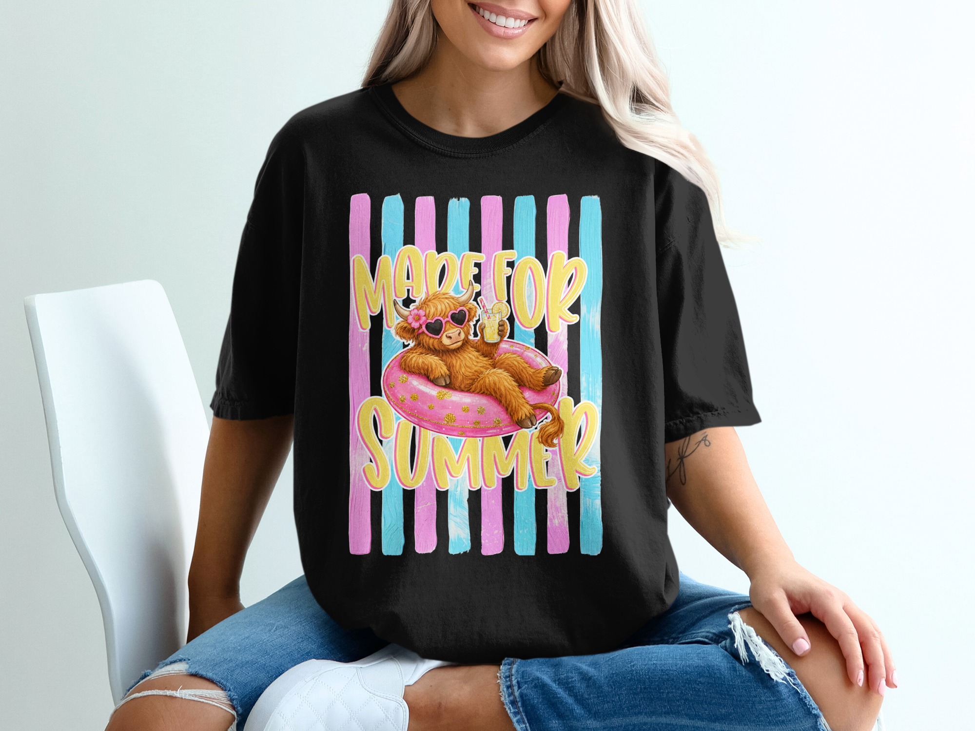 Comfort Colors ® Made For Summer Highland Cow T-Shirt, Vacation Mode Cute Cow Shirt, Beachy Pink Glitter Highland Cattle Tee, Funny Animal - Image 8