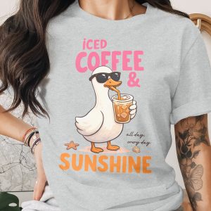 Iced Coffee & Sunshine Goose T-Shirt, Cute Summer Beach Vibe Coffee Lover Graphic Tee, Relaxed Vacation Gift Idea