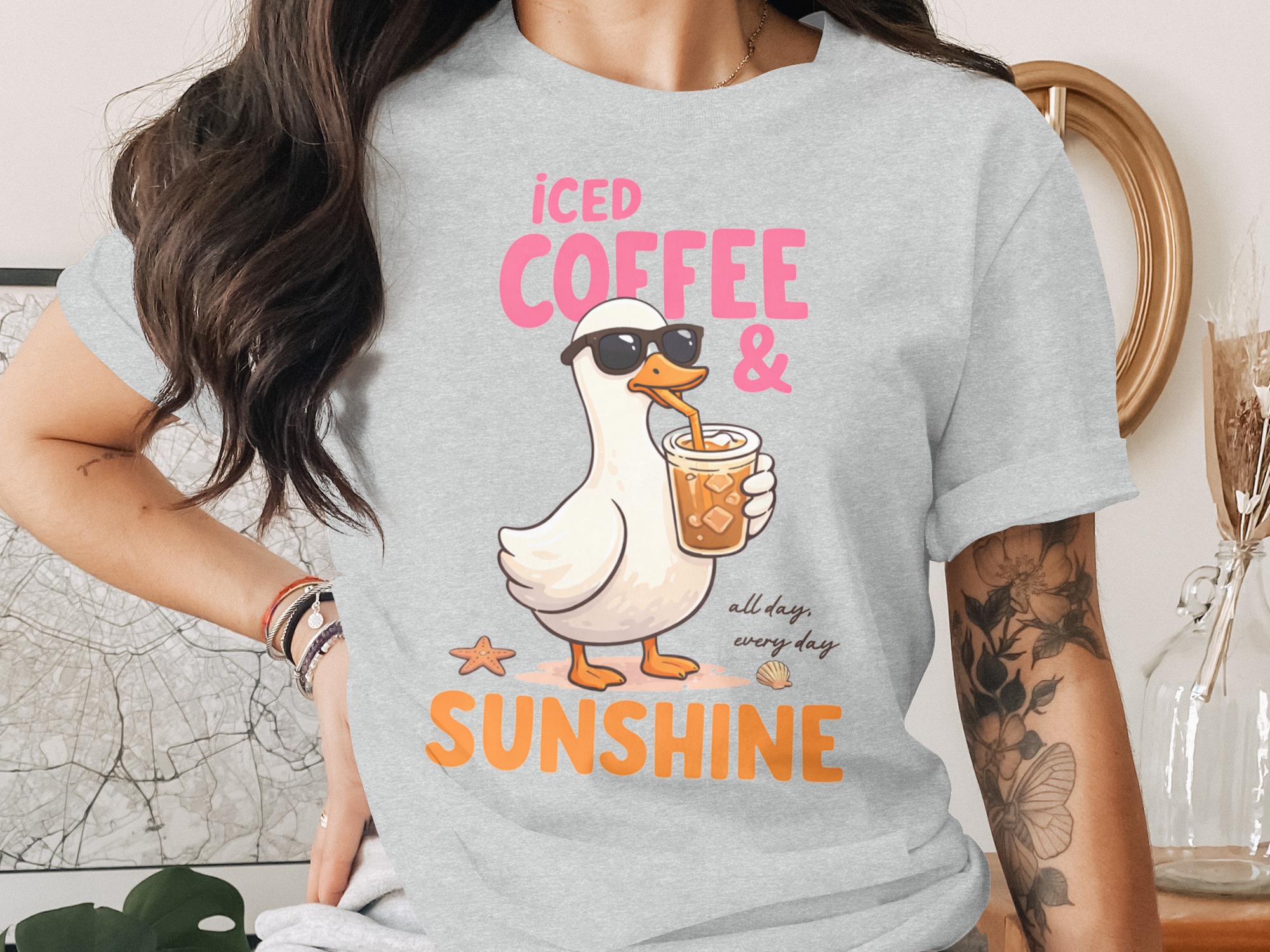 Iced Coffee & Sunshine Goose T-Shirt, Cute Summer Beach Vibe Coffee Lover Graphic Tee, Relaxed Vacation Gift Idea