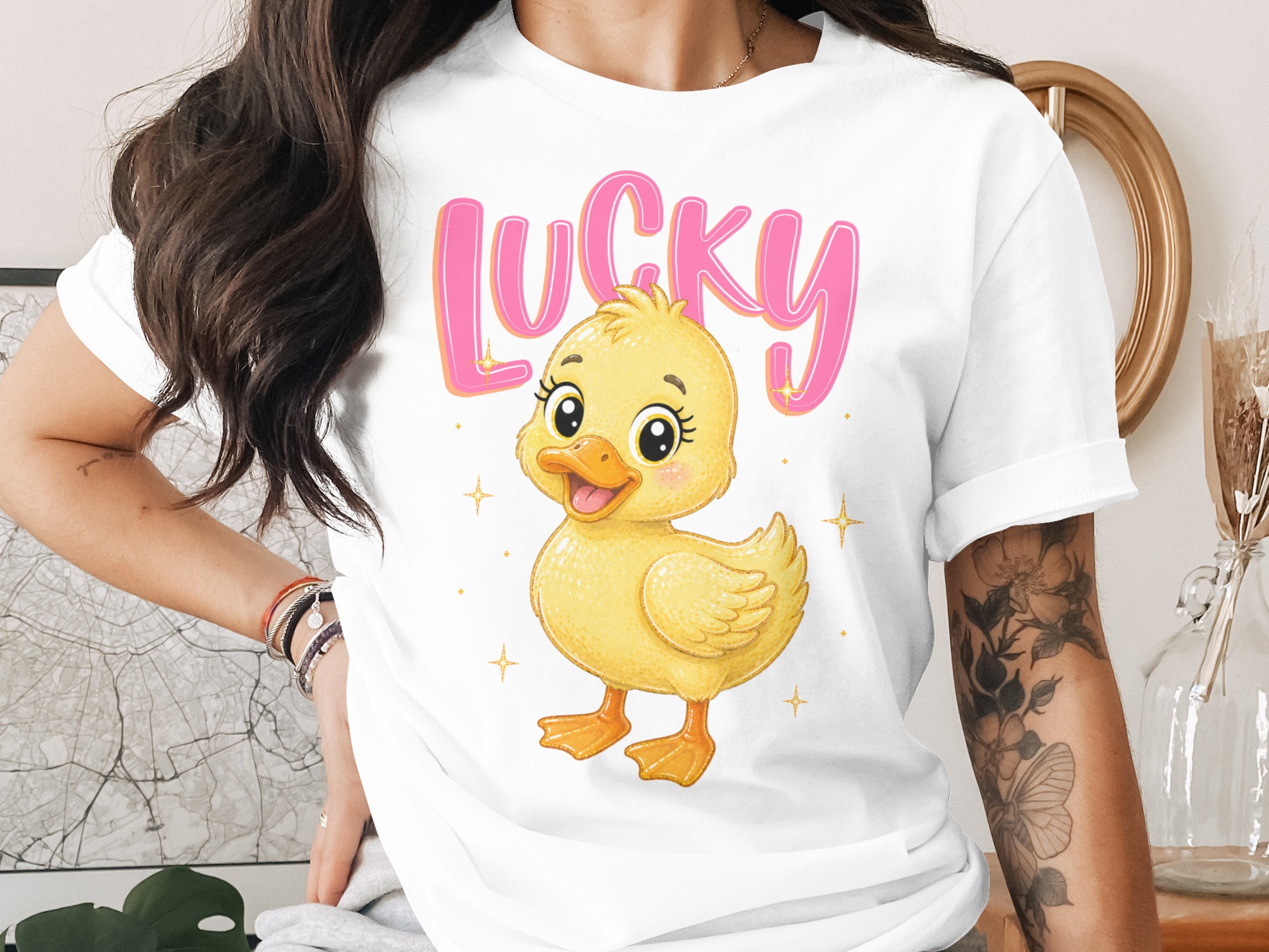 Lucky Duck T-Shirt, Cute Baby Duckling Graphic Tee, Kawaii Animal Shirt, Pink Lucky Top, Positive Vibe Gift