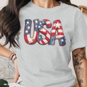 Patriotic USA T-Shirt, Faux Patchwork American Flag Tee, Rustic Country Star Stripes Top, 4th of July Celebration Shirt, Americana Gift