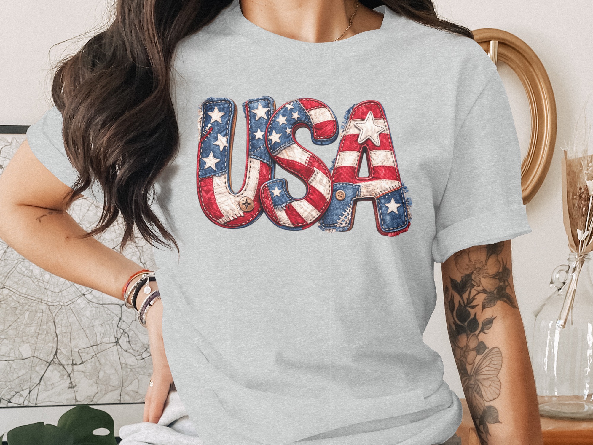Patriotic USA T-Shirt, Faux Patchwork American Flag Tee, Rustic Country Star Stripes Top, 4th of July Celebration Shirt, Americana Gift