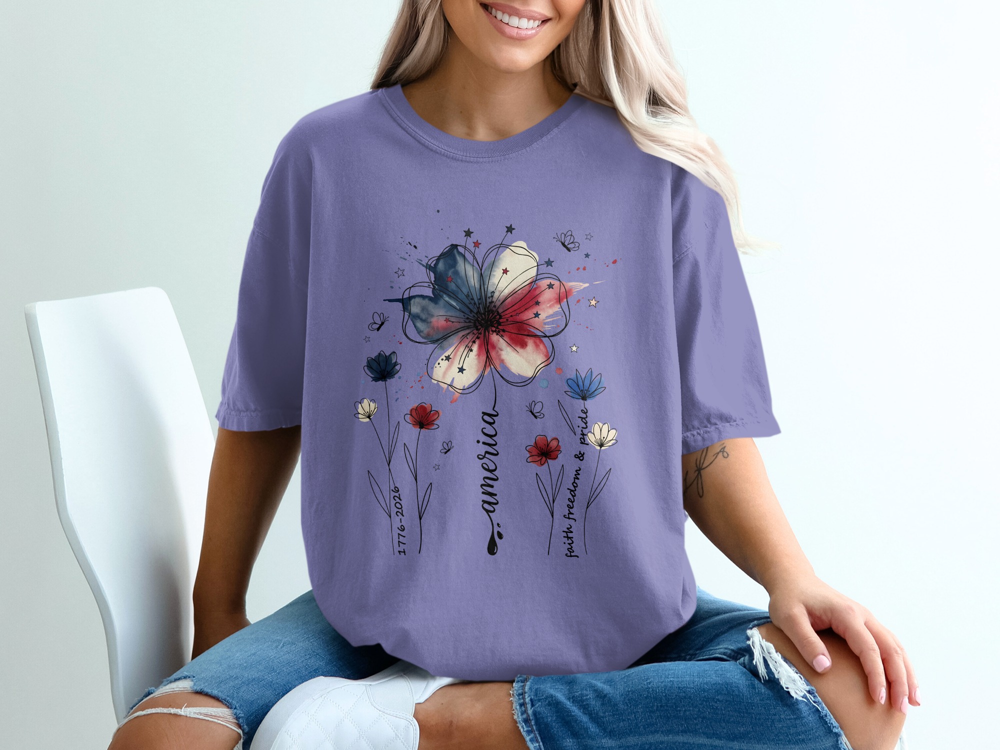 Patriotic Floral America Watercolor T-Shirt | Faith Freedom Pride Shirt | 4th of July Independence Day Tee | American Flag Flower - Image 13