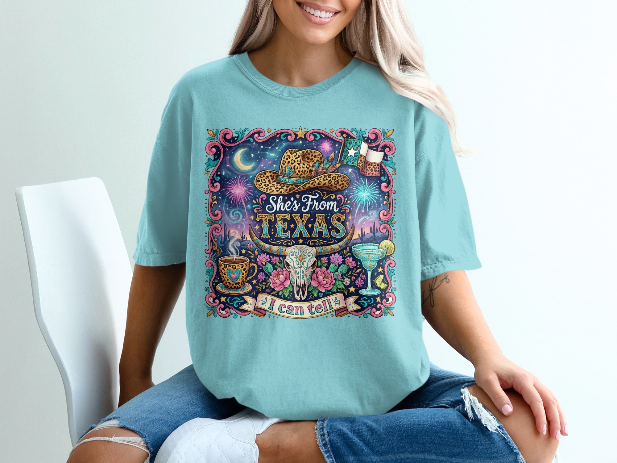 She's From Texas T-Shirt, Western Boho Cowgirl Tee, Texas Pride Gift for Her, Leopard Print Cowboy Hat Longhorn Skull Desert Shirt - Image 19