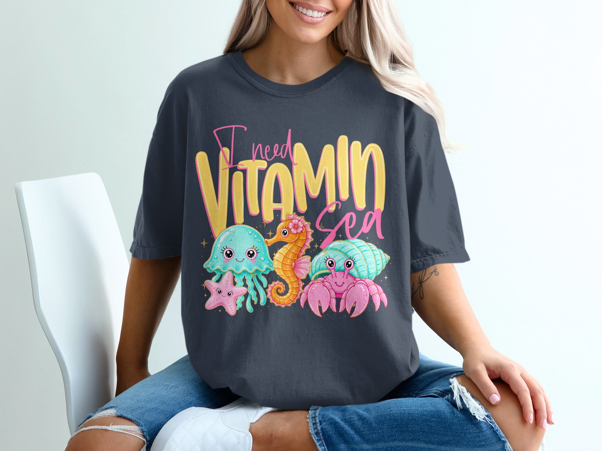 Vitamin Sea T-Shirt, Cute Ocean Lover Tee, Kawaii Beach Vacation Shirt, Faux Glitter Sea Creature Top, Summer Vibes Gift for Her - Image 12